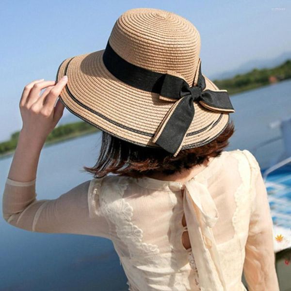Chapeaux à large bord Bow Sun Hat Floppy Summer pour femmes Beach Panama Straw Dome Bucket Shade Cadeau