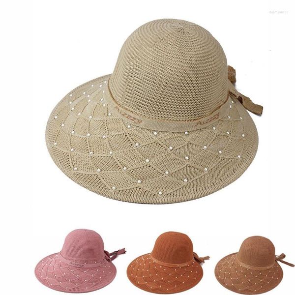 Chapeaux à large bord Bowknot Hommes Femmes Pearl Panama Summer Cap Sun Hat Straw Sunhat