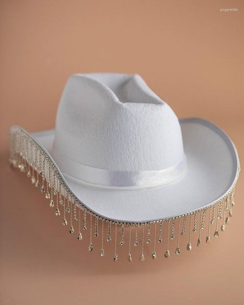 Sombreros de ala ancha Sombrero de novia Despedida de soltera Boda de vaquero Blanco con flecos de diamantes Inspirado en KJ Occidental