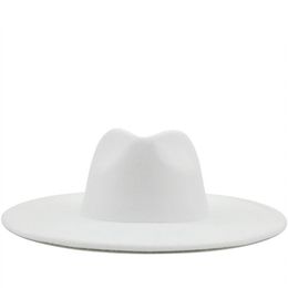 Ampla borda chapéus estilo britânico inverno lã sólida clássico fedoras boné homens mulheres panamá jazz chapéu 9 5cm grande branco266q