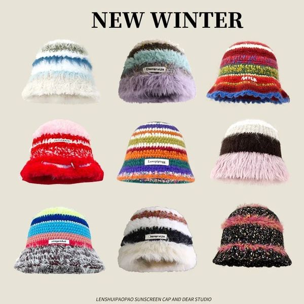 Sombreros de ala ancha cubo 2023 piel caliente crochet sombrero moda y2k gorros invierno para mujeres coreano retro pescador gorra damas punto 231218