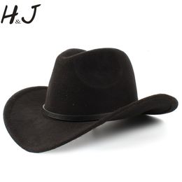 Chapeaux larges chapeaux seau 2grande taille laine femmes hommes western cowboy chapeau pour gentleman dame jazz cowgirl avec cloche en cuir église sombrero casquettes 230830