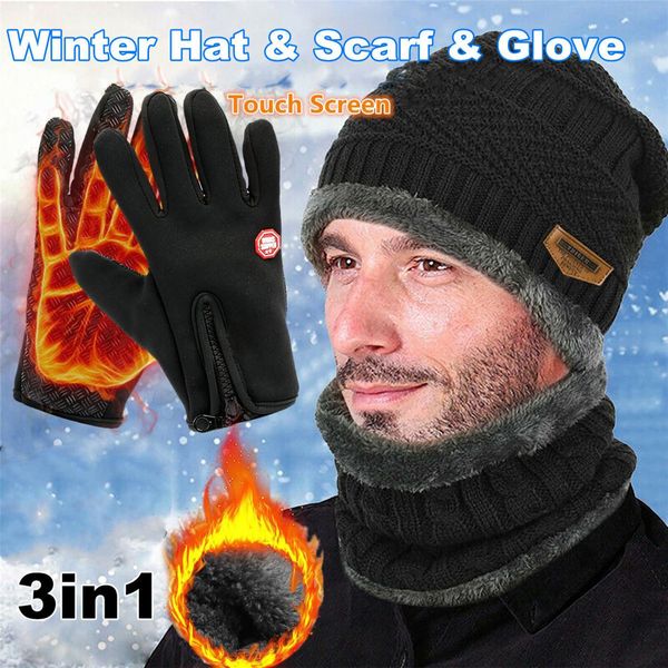 Chapeaux à larges bords Seau 3 pièces hiver bonnet tricoté chapeau cache-cou gants polaire doublé casquette de crâne infini écharpes mitaines à écran tactile pour hommes femmes 230907