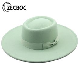 Breide rand hoeden emmer 9,5 cm platte top fedoras voor vrouwen solide kleur imitatie wollen jazz mannen elegante Britse dames caps bowler 221205