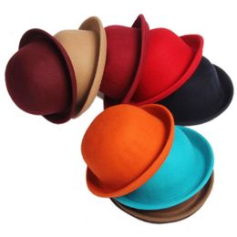 Brede Rand Hoeden Emmer Volwassen Kinderen Flattop Fedora Hoed Pure Kleur Imitatie Wol Jazz Dames Elegante Ronde Bowler 230829