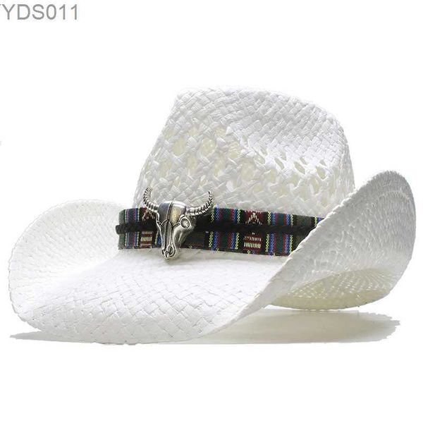 Sombreros de ala ancha Cubo Cinturón de cabeza de buey grande Ahuecado Mujeres Hombres Unisexs Retro Raffia Str Sun Beach Cowboy Cowgirl Western Hat (58 cm) 240319