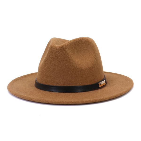 Large bord chapeaux seau noir ceinture en cuir décoration feutre Fedora chapeau hommes femmes laine artificielle mélange Simple hiver en gros 221205