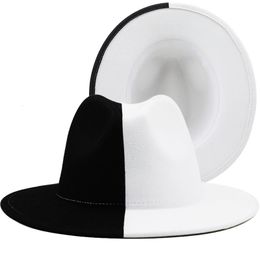 Chapeaux à large bord seau noir blanc Patchwork laine feutre Jazz Fedora femmes unisexe Panama fête Trilby Cowboy casquette hommes Gentleman mariage 230214