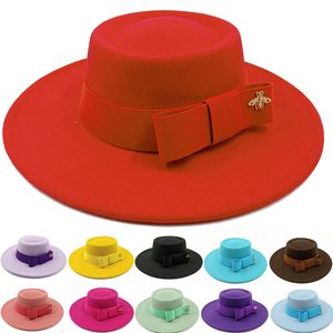 Brede rand hoeden emmer vlinderdas fedora hoed winter rond hobbelig oppervlak platte bovenste elastische bandheren en dames rode jazz 230822