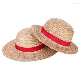 Large Brim Chapeaux Seau Garçon Fille One Piece Cap St Chapeau Cou String Luffy Plat Cosplay Japonais Dessin Animé Props Kid Red Stripe Beach Elo OT2K0