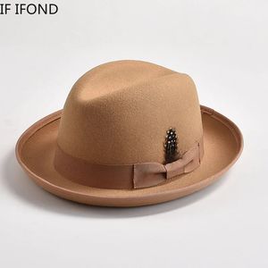 Sombreros de ala ancha Cubo Estilo británico Lana Fieltro Fedora para hombres Roll Up Homburg Gentleman Church Jazz Hat Party Dress Cap 231122