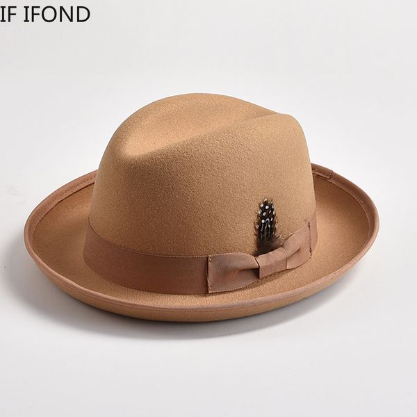 Chapeaux à large bord seau Style britannique feutre de laine Fedora pour hommes retrousser Homburg Gentleman église Jazz chapeau robe de soirée casquette 230729