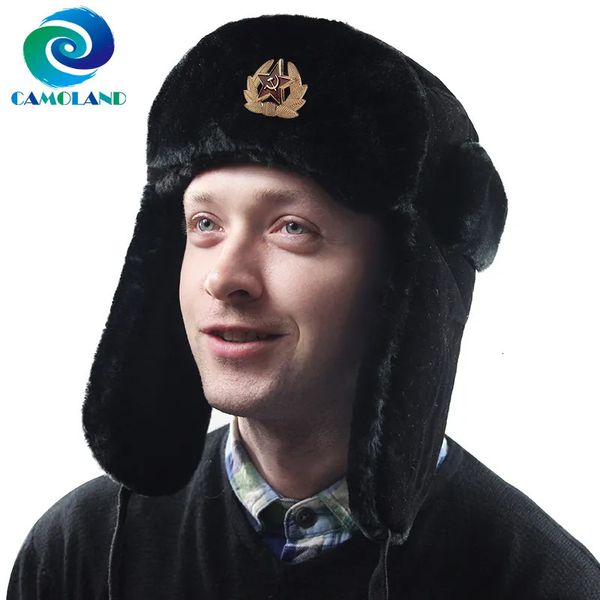 Chapeaux à large bord Seau Camoland Badge soviétique Russie Ushanka Trapper pour femmes hommes thermique fausse fourrure bombardier chapeau hiver oreillette neige casquette de ski 231128