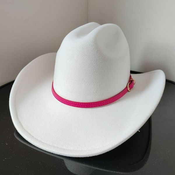 Sombreros de ala ancha Cubo Clásico Blanco Vaquero occidental para hombres y mujeres Jazz Sombrero amartillado Rosa Cinturón rojo Accesorios Big Panama Knight 230907