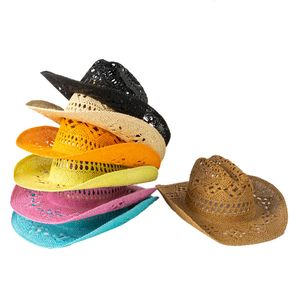Chapeaux larges seau Cowboy été pour hommes Western évidé à la main paille Jazz chapeau de soleil plage femmes Cowgirl casquette rose solide Sombrero Hombre 230907