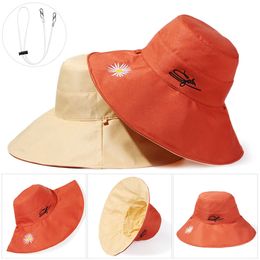 Sombreros de ala ancha cubo margaritas sombrero de doble cara algodón plegable gorra de pescador portátil con cuerda de viento mujeres al aire libre sol playa 230915