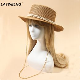 Chapeaux à large bord Bucket Desainer Rantai Kalung Topi Matahari dengan Mutiara untuk Wanita Musim Panas Pantai Dilipat Mode Pesta Grosir 230510