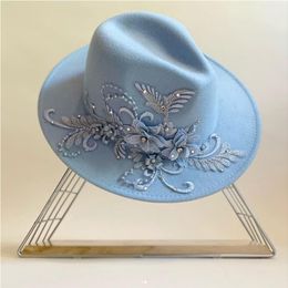 Chapeaux à large bord seau brodé fleur tridimensionnelle chapeau fedora femmes jazz haut printemps et automne panama église mode élégant chapeau de mariage 230831