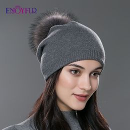 Brede Rand Hoeden Emmer ENJOYFUR Winter vrouwen echt bont pom hoed gebreide dikke warm gevoerde mutsen hoed dame mode bobble ski caps 230807