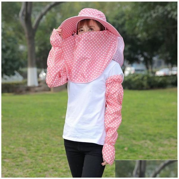 Large Brim Chapeaux Seau Mode Faceering Sun Hat Sleeve Veil Set Gscm051 Polka Dot Sunny Outdoor Cycling Caps Drop Delivery Accesso Dhu2X