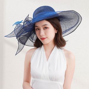 Large Brim Chapeaux Seau Mode Fil De Chanvre Motif Conception Fedoras Plume Bijoux Grand Arc Chapeau De Soleil Élégant Banquet De Mariage De Mariée En Gros 230608