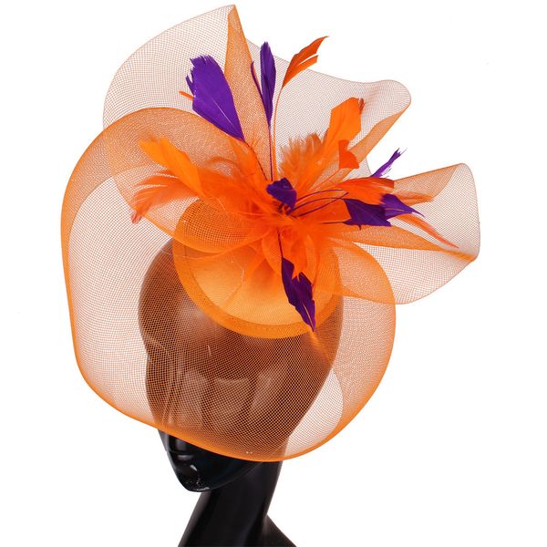 Chapeaux à large bord seau mode orange femmes cheveux fascinateurs accessoire pour dames élégantes coiffure de mariage fête thé royal fantaisie plume casque 230831