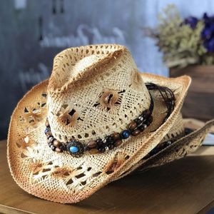 Large Brim Chapeaux Seau Mode Roulé Jazz Cowboy Paille Printemps Et Été Hommes Femmes Gem Strap Plage Soleil Cap Ombre Extérieure Creux Chevalier 230214