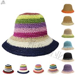 Chapeaux à large bord seau mode été femmes paille arc-en-ciel crochet pliable sort couleur pure crème solaire tissée à la main plage casquettes de soleil en gros 230915