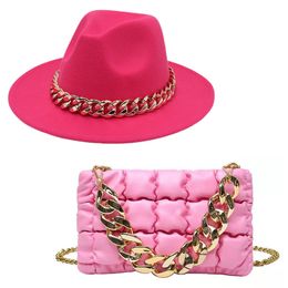 Sombreros de ala ancha cubo moda mujer sombrero accesorio bolso a cuadros y fedora conjunto de dos piezas con cadena de gran tamaño de lujo fiesta jazz fieltro para damas 230825