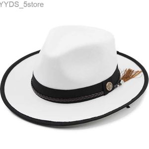 Brede rand hoeden emmer veerband White Filt Jazz Fedora hat dames unisex Panama feest Trilby cowboy heren heren Huwelijk YQ240407