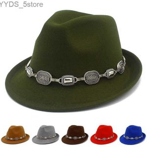 Brede rand hoeden emmer fedora hoed denim wol verstelbare trendy trilby vintage metalen riem korte damesblazer yq240407