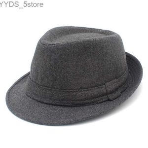 Brede rand hoeden emmer fedora hoed vilt wol winter warme klassieker Panama Mens Jazz Gentleman korte derby Trilby YQ240407