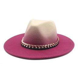 Sombreros de ala ancha cubo fedora sombrero gradiente color cadena de oro banda mujeres invierno jazz gorras vintage lujo fieltro sombreros de mujer 230825