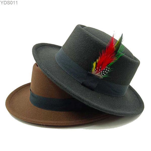 Hates de ala ancho cubo fedora fedora pequeños aleros planos nudo de lazo pluma masculino