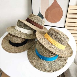 Large bord chapeaux seau plat-top chapeau de paille français vacances d'été plage évidé tissé parasol crème solaire britannique H240330