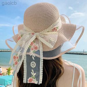 Brede rand hoeden emmer opvouwbare grote kurk meisje strohoed zon met strik elegante bescherming zonnescherm mode dames strand emmers 24323