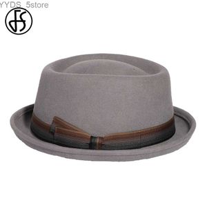 Beauts de chapeaux larges fs 2023 Roll Pork Pie Fashion Mens Grey Jazz Hat Gentlemens Fleece Fedoras Church Panama Gorras para Hombres YQ240407