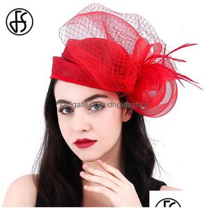 Chapeaux à large bord seau FS noir beige rouge fascinateurs pour femme cocktail église fête sinamay plume voile coiffe vintage casquette de mariée dhylb