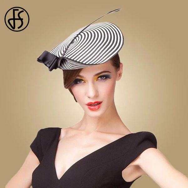 Large Brim Chapeaux Seau FS Fascinator Mariage Pour Femmes Élégant Noir Blanc Plume Rayé Cupid Pillbox Chapeau Vintage Cocktail Lady Church Fedoras 231005