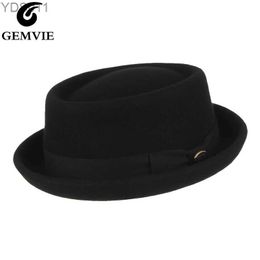 Brede rand hoeden emmer gemvie heren 100% wol vielbare varken skin fedora hoed vintage curve taart herfst en winter yq240403