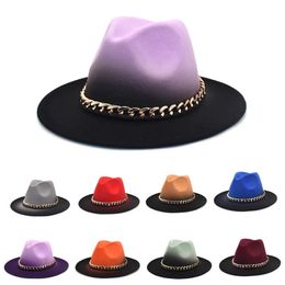 Brede rand hoeden emmer gouden ketting fedora hoed dames rode wollen top herfst en winter gradiëntkleur jazz heren panama gentleman 231027