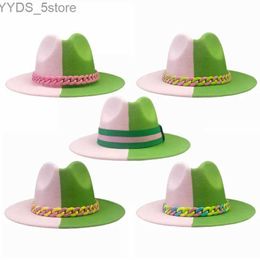 Hats de borde ancho cubo verde rosa rosa contrastante fedora sombrero unisex para hombre Panamá de estilo británico British Trilby Party YQ240407