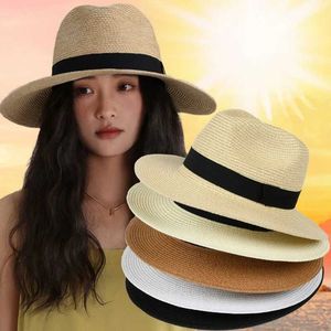 Brede rand hoeden emmer handgemaakt geweven stro hoed zomer dames massief kleur strand vakantie zonneschijn casual retro panama modieuze accessoires q240427