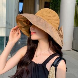 Chapeaux à large bord chapeau seau Anti-UV à volants soleil tricot vide dôme nœud papillon décor processus de gaufrage accessoires de mode d'été