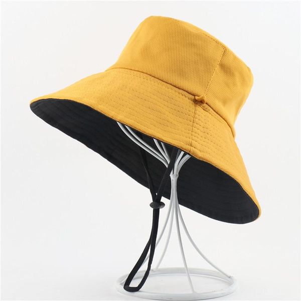 Larges chapeaux à bord chapeau seau double face couleur jaune couleurs mens capuchon de feme d'été plage pliable de randonnée réglable camping