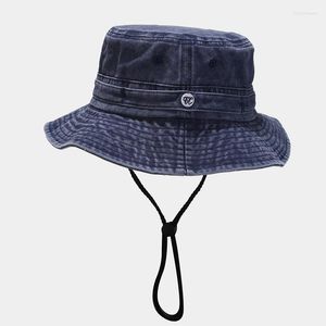 Brede rand hoeden emmer hoed oude Britse retro -stiksel visser buiten mannen vrouwen winddicht touw zon fietspap sunshiide