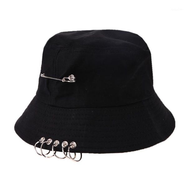 Chapeaux à large bord seau chapeau unisexe pliant chasse pêcheur extérieur casquette Cool fille garçon fer anneau Hiphop solide coton chapeau de soleil