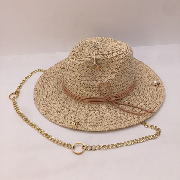 Chapeaux à large bord Chapeaux seau 05-nao-chaîne été broche en papier Fade-Free Gold chaîne en or fedoras casquette femmes loisirs panama jazz chapeau 230721