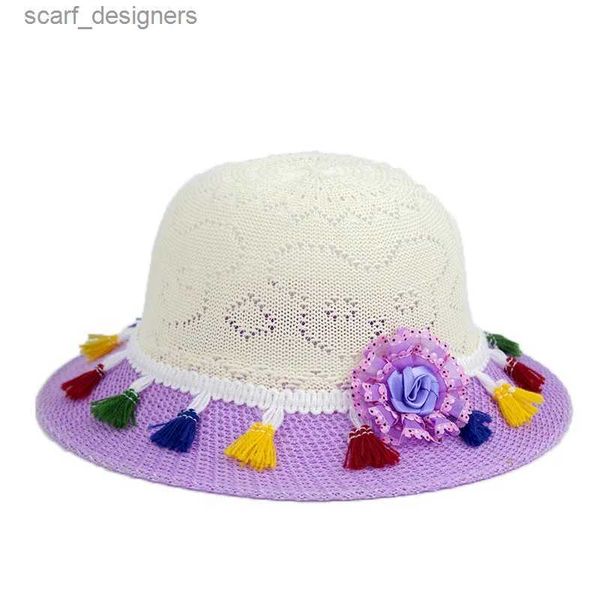 Hates de borde anchos Bucket Hats 2-7 años de edad Summer Sunshade Sunschen Travel Beach Gat Baby Boy Boy Boy Girl Lindo Tassel Flower Warp Straw Lace R58 Y240409