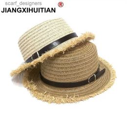 Brede rand hoeden emmer hoeden 2018 Hot Sale+Flat Top Straw Hat Summer Spring Dames trip petten Leisure Belt Beach Zon Hoeden Raffia Fringe Straw Capeau Y240409